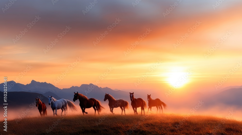 A majestic group of horses stands on a mountain ridge against a breathtaking sunrise backdrop, capturing a serene, yet powerful moment of nature's beauty and tranquility. A majestic group of horses stands on a mountain ridge against a breathtaking sunrise backdrop, capturing a serene, yet powerful moment of nature's beauty and tranquility.