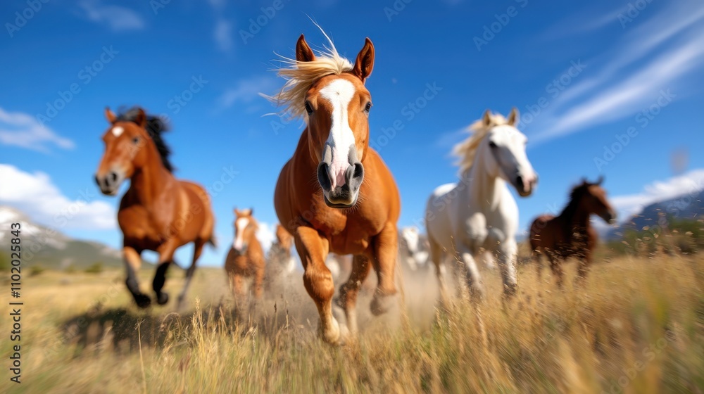 A group of horses runs energetically through a vast meadow, captured against a backdrop of bright blue skies and towering mountains, highlighting nature's vigor. A group of horses runs energetically through a vast meadow, captured against a backdrop of bright blue skies and towering mountains, highlighting nature's vigor.