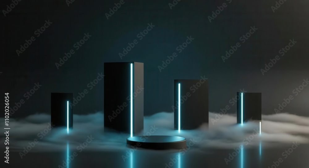 Futuristic glowing columns in atmospheric fog Futuristic glowing columns in atmospheric fog