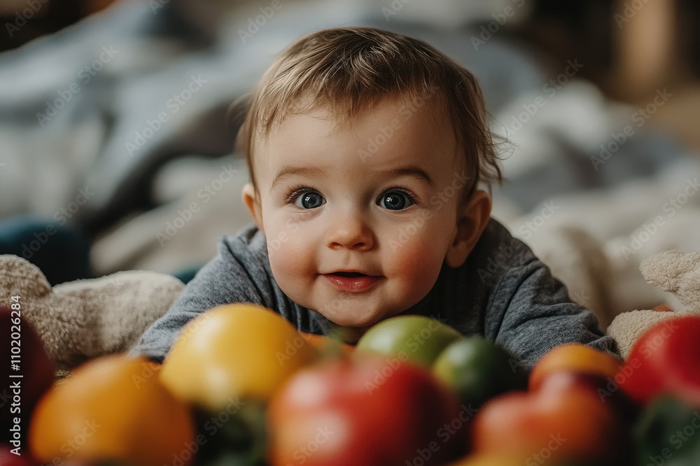 Fototapeta premium Smiling Baby Surrounded by Fresh Produce