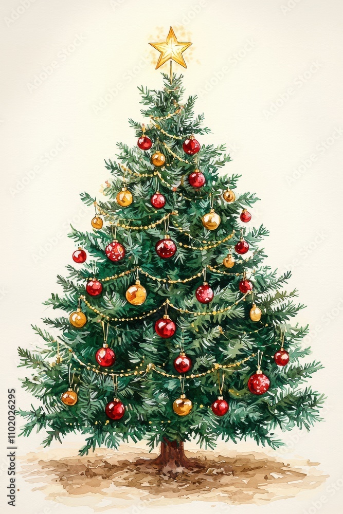Festive Christmas Tree with Golden Star and Colorful Ornaments Perfect for Holiday Decoration, Celebrations, and Family Gatherings in a Warm Cozy Atmosphere Festive Christmas Tree with Golden Star and Colorful Ornaments Perfect for Holiday Decoration, Celebrations, and Family Gatherings in a Warm Cozy Atmosphere