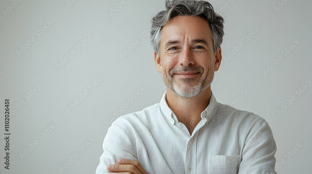 Professional portrait of a smiling businessman minimalist studio half body natural light positive vibes for seo impact