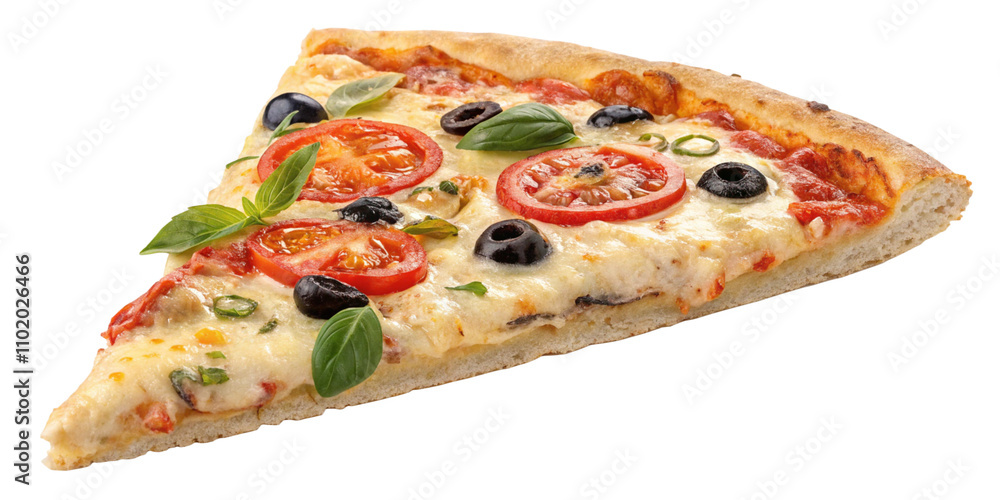 A slice of pizza with olives, tomatoes, and cheese,isolated on white background or transparent background A slice of pizza with olives, tomatoes, and cheese,isolated on white background or transparent background