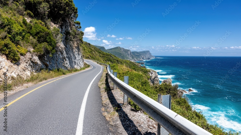 A picturesque coastal road winds alongside rugged cliffs, with vivid blue ocean waves crashing, showcasing the natural beauty and inviting a sense of freedom and adventure. A picturesque coastal road winds alongside rugged cliffs, with vivid blue ocean waves crashing, showcasing the natural beauty and inviting a sense of freedom and adventure.