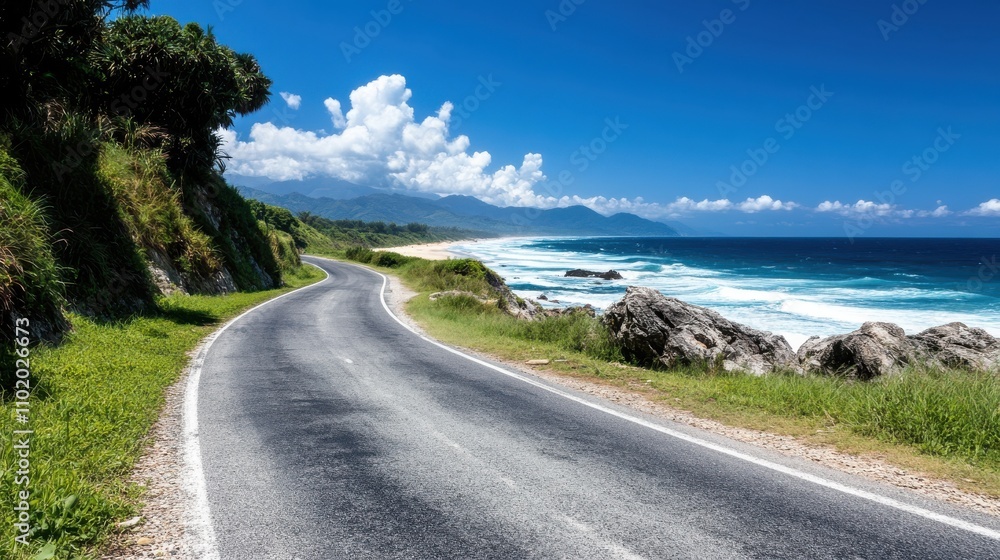 A tropical coastal drive lined with lush greenery, vibrant blue sea, and wispy clouds paints a picturesque scene, inviting one to embrace nature’s pristine relaxation. A tropical coastal drive lined with lush greenery, vibrant blue sea, and wispy clouds paints a picturesque scene, inviting one to embrace nature’s pristine relaxation.