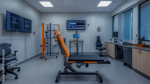 Visualize a state-of-the-art sports medicine clinic featuring advanced printed braces and supports for injury recovery and rehabilitation.