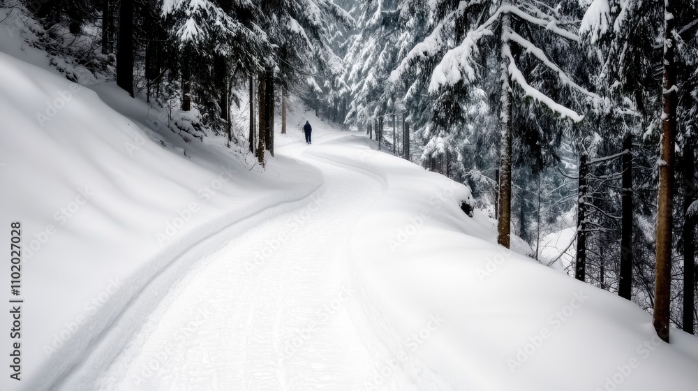 A tranquil winter forest pathway blanketed in snow, with towering trees arching over the path, where a solitary figure walks into the serene, snowy depths. A tranquil winter forest pathway blanketed in snow, with towering trees arching over the path, where a solitary figure walks into the serene, snowy depths.