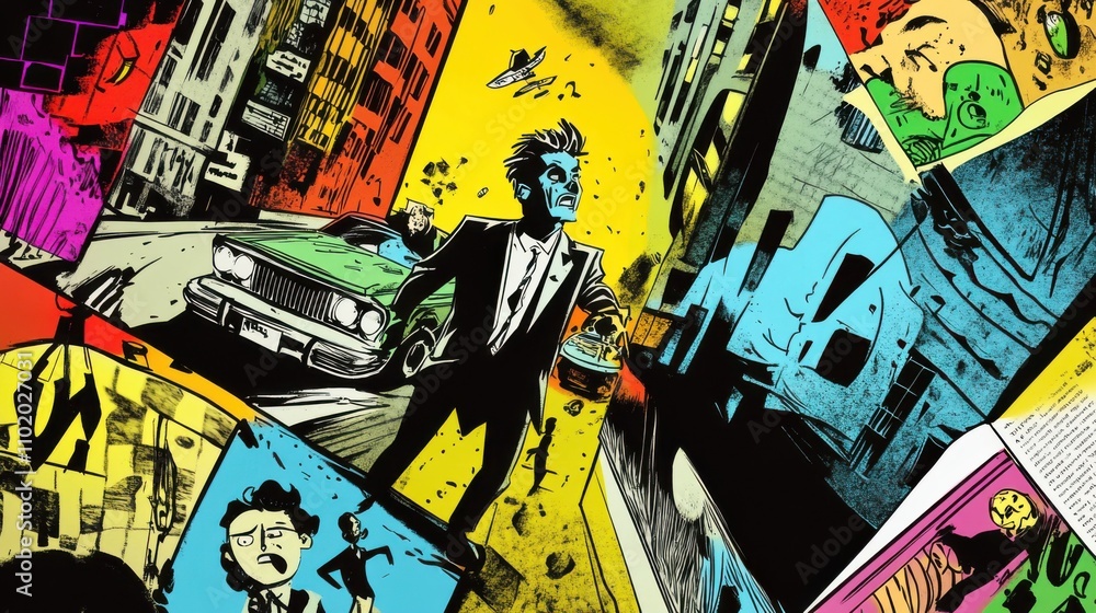 Fototapeta premium Graffiti drawing of a man in a suit at busy city. Vector illustration.