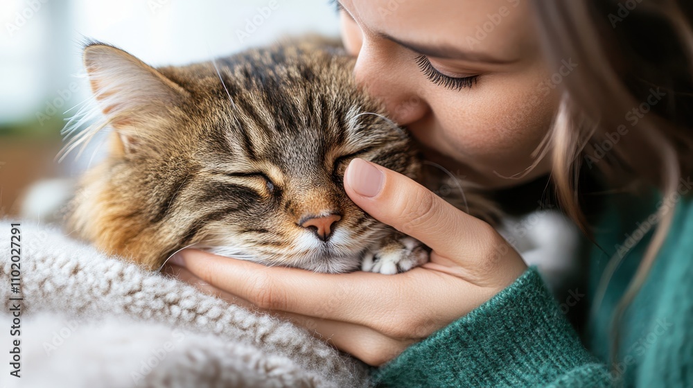 A woman lovingly cradles and kisses her content cat, highlighting a moment of affection and serene companionship in a warm domestic environment. A woman lovingly cradles and kisses her content cat, highlighting a moment of affection and serene companionship in a warm domestic environment.