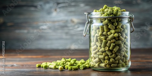 Jar filled with aromatic hops pellets for brewing , hops, pellets, beer, craft, brewery, ingredient, aroma, plant photo