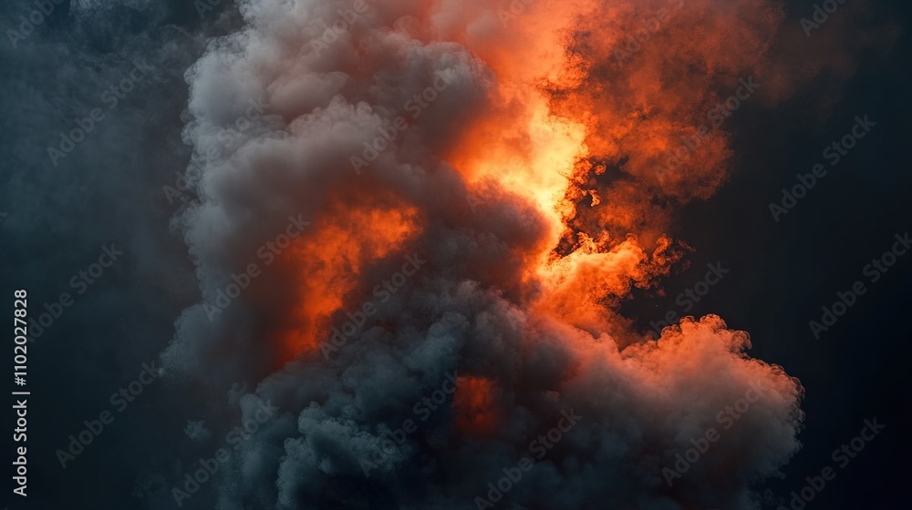 Fiery Smoke Plume: A dramatic and evocative image of thick gray smoke billowing upward, with vibrant orange flames illuminating the scene. Fiery Smoke Plume: A dramatic and evocative image of thick gray smoke billowing upward, with vibrant orange flames illuminating the scene.