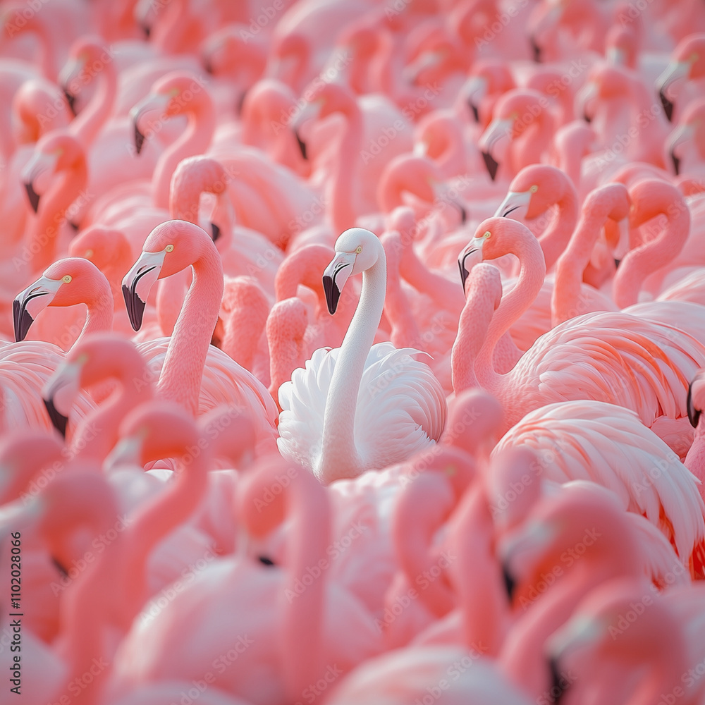 Obraz premium Unique white flamingo standing out among a flock of vibrant pink flamingos in a crowded scene