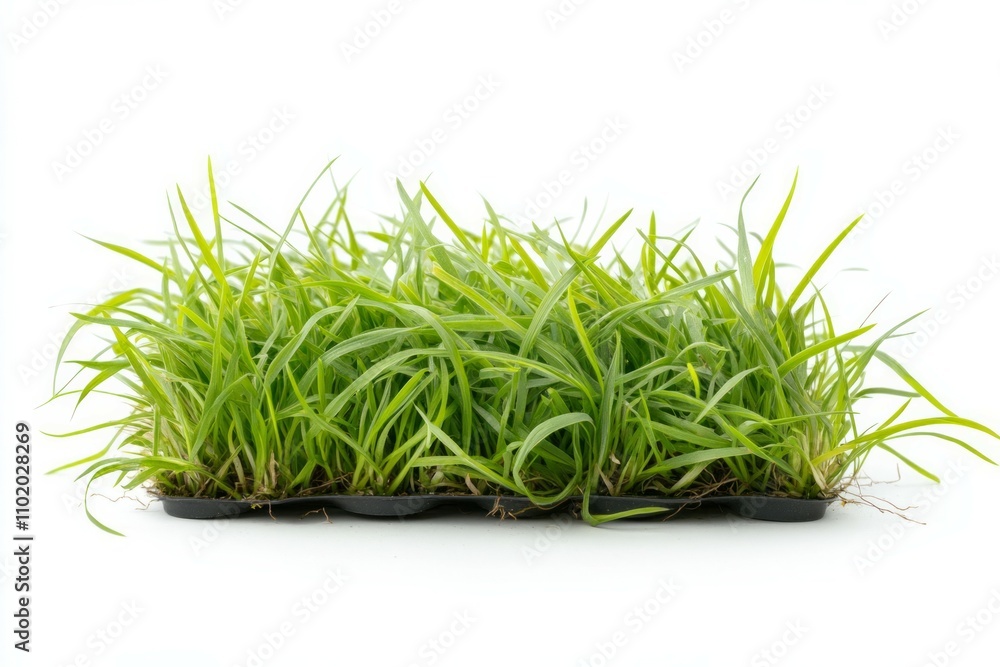 A small patch of fresh grass well-trimmed, vibrant green grass with individual blades visible, isolated on white A small patch of fresh grass well-trimmed, vibrant green grass with individual blades visible, isolated on white