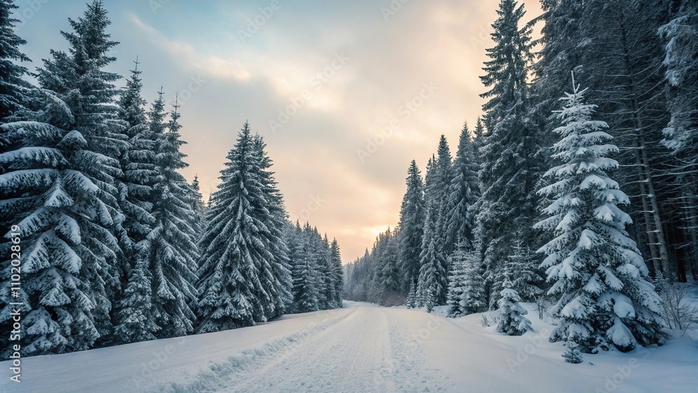 Snow-covered pine trees stretching towards the sky along a quiet forest path, evergreen forest, pine tree forest Snow-covered pine trees stretching towards the sky along a quiet forest path, evergreen forest, pine tree forest