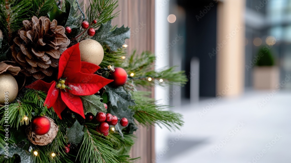 A holiday wreath adorned with a bold red poinsettia, pinecones, berries, and lights, hanging elegantly on a door in a welcoming entranceway. A holiday wreath adorned with a bold red poinsettia, pinecones, berries, and lights, hanging elegantly on a door in a welcoming entranceway.