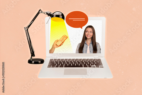 Collage image of pinup pop retro sketch of funny young girl remote working video call laptop lamp light template metaphor psychedelic photo