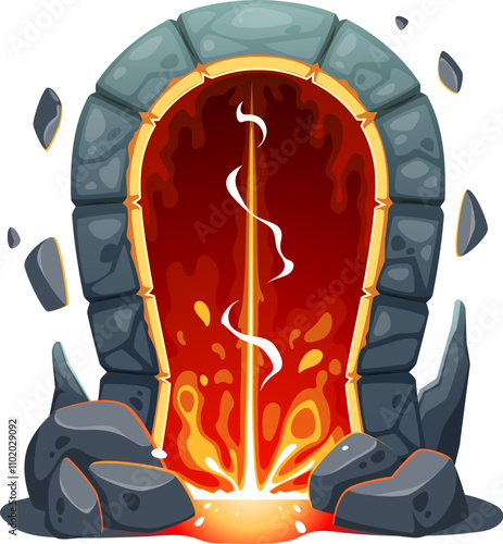 Magic portal door, fantasy fairytale teleport game asset. Isolated cartoon vector mystical ancient tunnel with arched stone doorway and fiery energy beckoning adventurer to traverse fantastical worlds