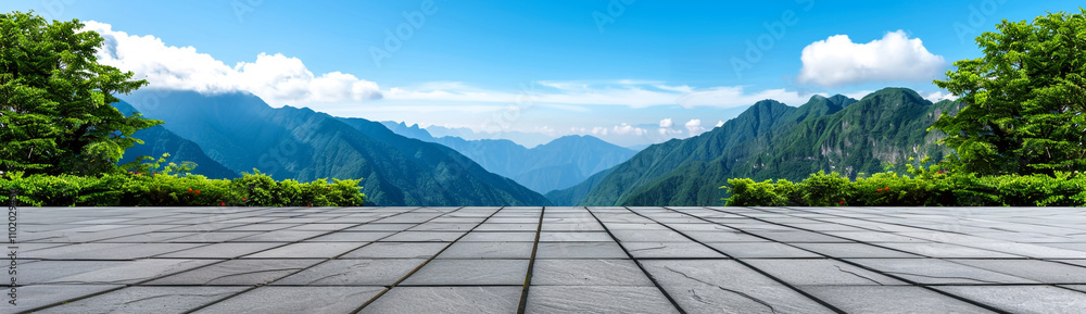 Serene Empty Concrete Floor with Blue Sky and Fog Background Serene Empty Concrete Floor with Blue Sky and Fog Background