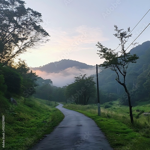Road winds through misty forest landscape at dawn, inviting exploration and discovery in peaceful surroundings