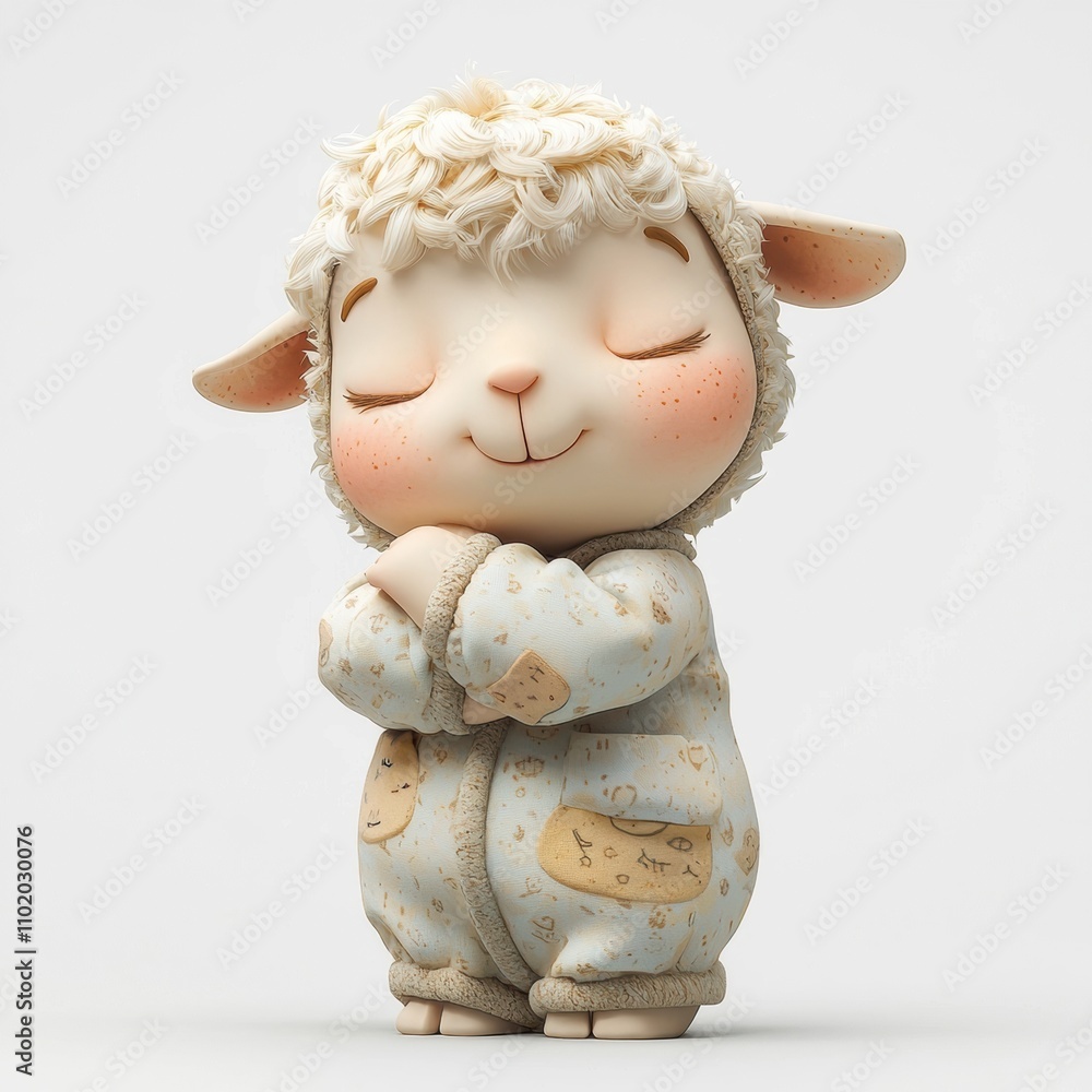 Peaceful Lamb in Pajamas: Adorable 3D render of a fluffy lamb wearing light blue pajamas, eyes closed in peaceful slumber. Perfect for children's products, websites, or apps needing a calming image. Peaceful Lamb in Pajamas: Adorable 3D render of a fluffy lamb wearing light blue pajamas, eyes closed in peaceful slumber. Perfect for children's products, websites, or apps needing a calming image.