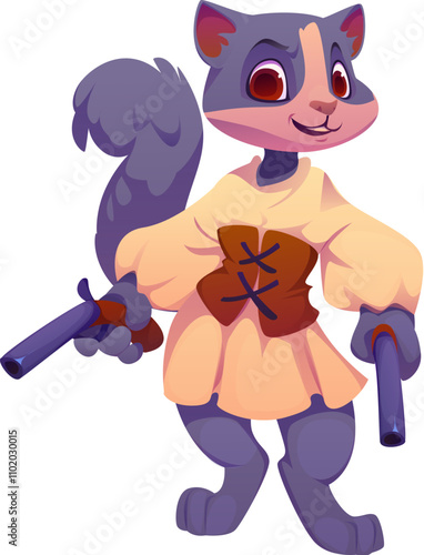 Cartoon funny cat pirate animal character wielding pistols. Isolated vector whiskered kitten corsair personage wearing white dress and leather corset, sails the high seas with mischievous grin and fun