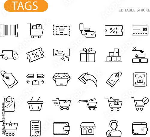 Ecommerce Shopping Cart Icons Tags, Payments, and Delivery