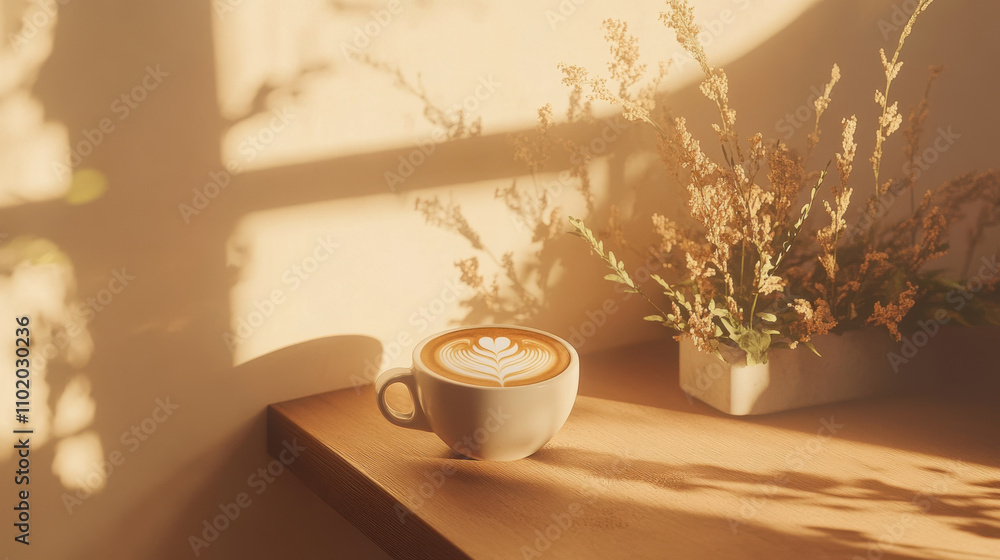 cozy coffee cup with latte art on wooden table, surrounded by flowers cozy coffee cup with latte art on wooden table, surrounded by flowers