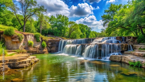 Landscape waterfall in McKinney Roughs Nature Park on a sunny day, waterfall, landscape, nature, park, Texas, sunny, day