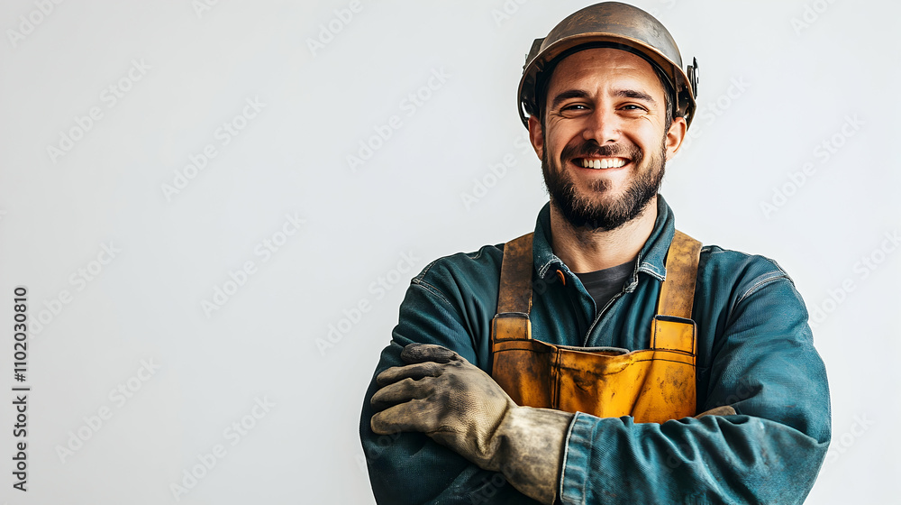 Smiling worker portrait construction site half body image bright environment upbeat viewpoint occupation concept Smiling worker portrait construction site half body image bright environment upbeat viewpoint occupation concept
