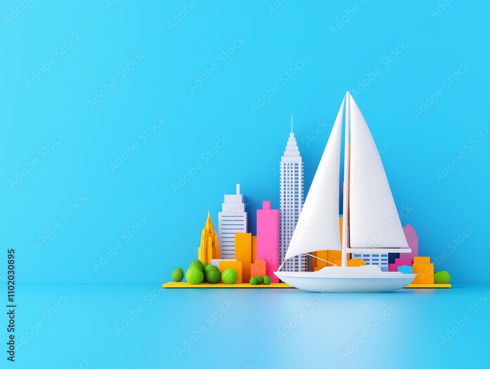 Obraz premium A sailboat's silhouette against the city skyline at sunset evokes a digital detox, symbolizing work-life balance, freedom, and escape.