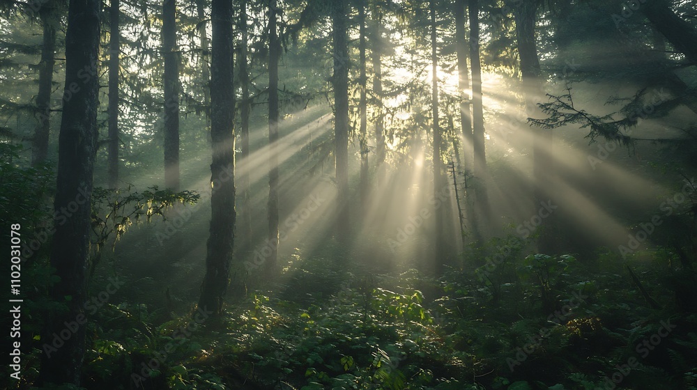 Obraz premium Sunlight Streaming Through a Misty Forest