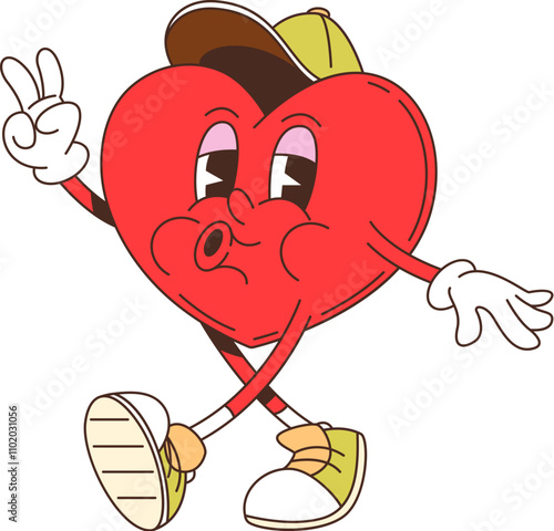 Cartoon retro groovy love heart character with a joyful expression, sneakers and teenager cap, flashing peace gesture. Isolated vector personage for Valentines day exudes positivity, romance and love