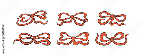 Set of wavy and quirky red bows. Vector outline illustration of holiday ribbons. Vintage clipart for holiday greeting cards and invitations. Coquette aesthetic