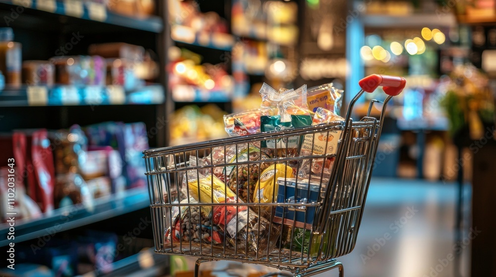 Naklejka premium Shopping cart filled with groceries in a supermarket aisle