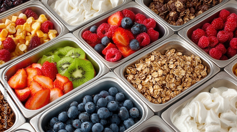 Self Serve Food Stations Concepts. Fresh fruit and toppings in food containers Self Serve Food Stations Concepts. Fresh fruit and toppings in food containers