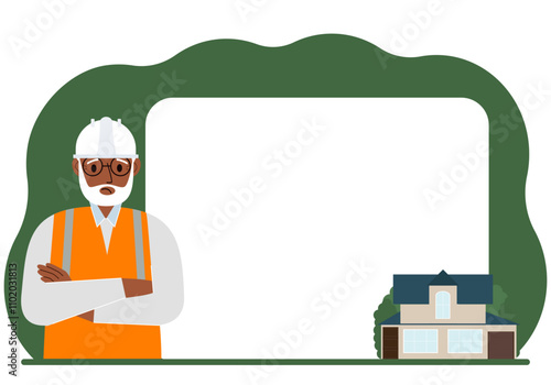 Male builder against the background of a large poster or advertisement, a small house nearby. Construction, repair, building work, service. Vector flat illustration