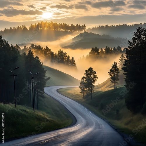 Winding road through misty forest hills at sunrise creates an enchanting atmosphere in a serene landscape