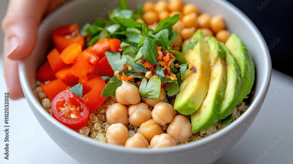 This quinoa bowl stands out with slices of avocado, chickpeas, and an assortment of vegetables, all presented with enticing colors for a fulfilling meal option. This quinoa bowl stands out with slices of avocado, chickpeas, and an assortment of vegetables, all presented with enticing colors for a fulfilling meal option.