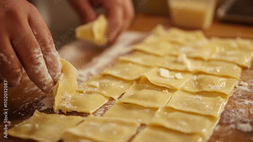 Hands Prepare Ravioli Pasta Squares With Butter Hands Prepare Ravioli Pasta Squares With Butter