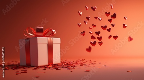 A white gift box tied with a red ribbon, a floating heart, and a romantic ambiance.