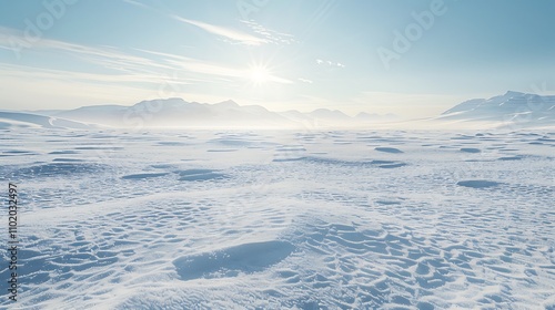 An awe-inspiring winter scene of a snow-covered plateau, with distant mountains and a bright, clear sky.