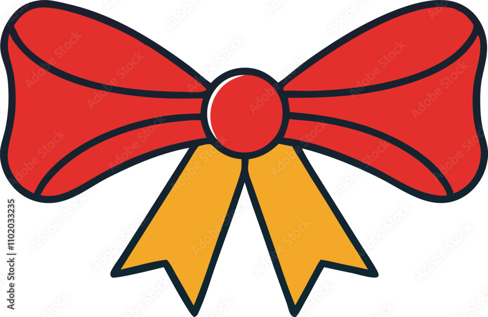 Red Festive Bow, Gift Decoration, Yellow Ribbon, Elegant Design Red Festive Bow, Gift Decoration, Yellow Ribbon, Elegant Design