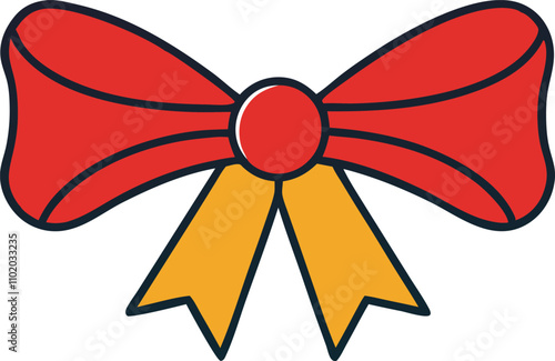 Red Festive Bow, Gift Decoration, Yellow Ribbon, Elegant Design