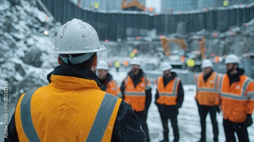 Urban construction safety briefing managing snowy weather risks photo