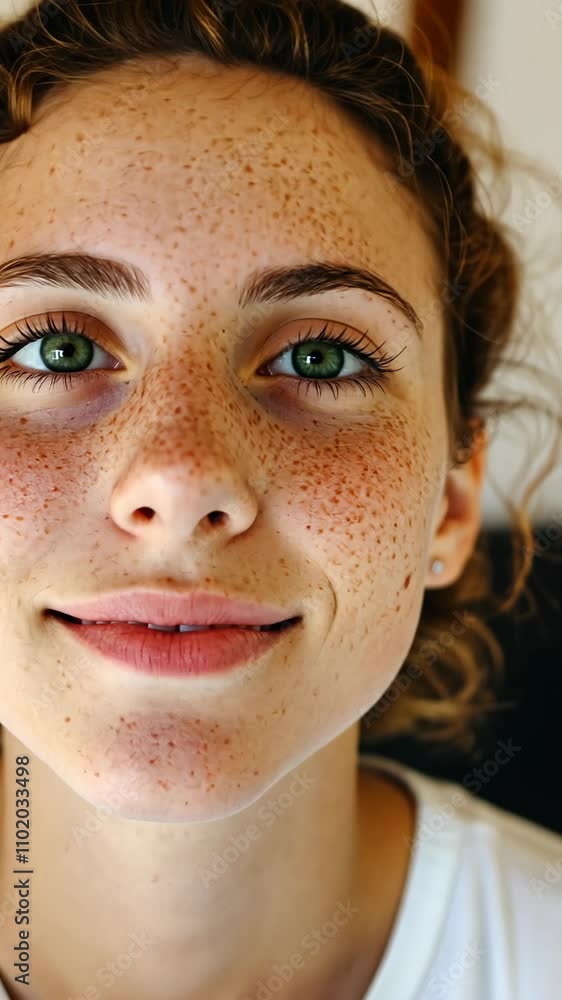 Natural portrait of a young woman with freckles and vibrant blue eyes smiling warmly in a cozy indoor setting Natural portrait of a young woman with freckles and vibrant blue eyes smiling warmly in a cozy indoor setting