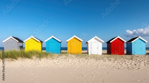 Distinctive, color-rich beach huts face the sea along a sandy coast, creating a vivid scene under a clear sky, ideal for capturing a sense of freedom.