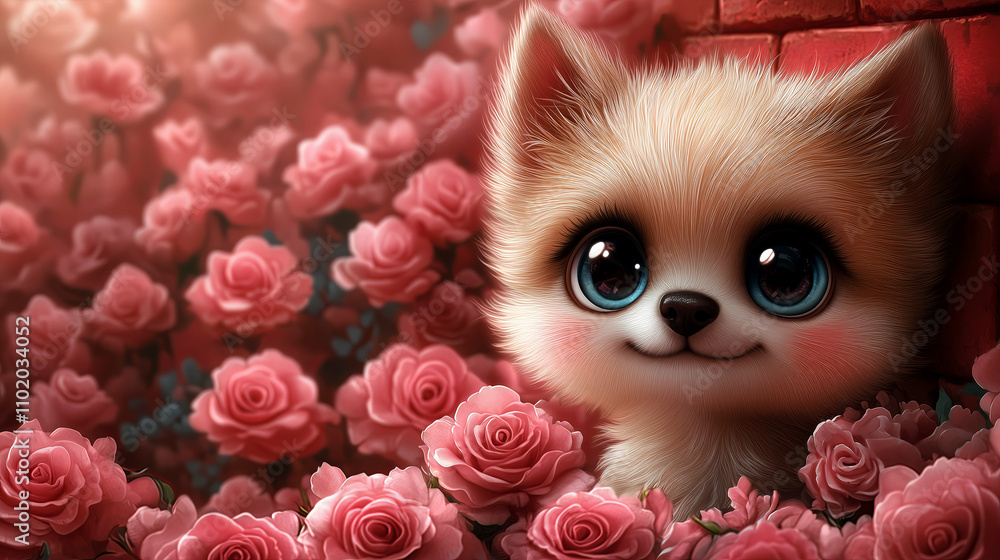 Romantic Shiba Inu with big eyes surrounded by pink roses. Cute puppy in floral garden with brick wall background Romantic Shiba Inu with big eyes surrounded by pink roses. Cute puppy in floral garden with brick wall background