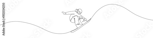 Snowboarding sport continuous line drawing vector illustration. Snowboarder performs a trick, jump. Winter sport. Snowboarding freestyle, freeride, slopestyle, big air symbol