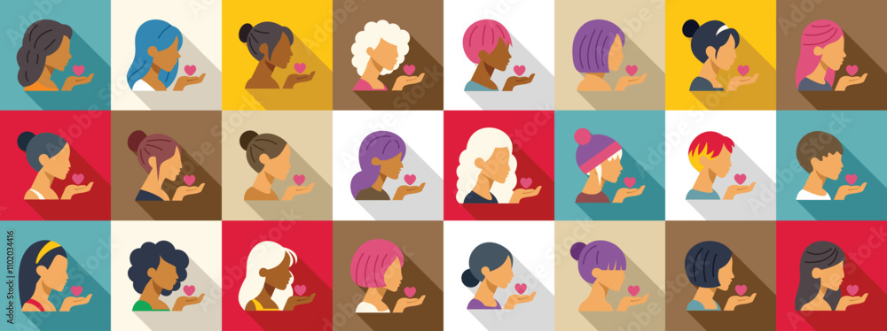 Obraz premium Woman air kiss icons set. Women with various hairstyles and ethnicities holding hearts, symbolizing love, care, diversity, and inclusivity