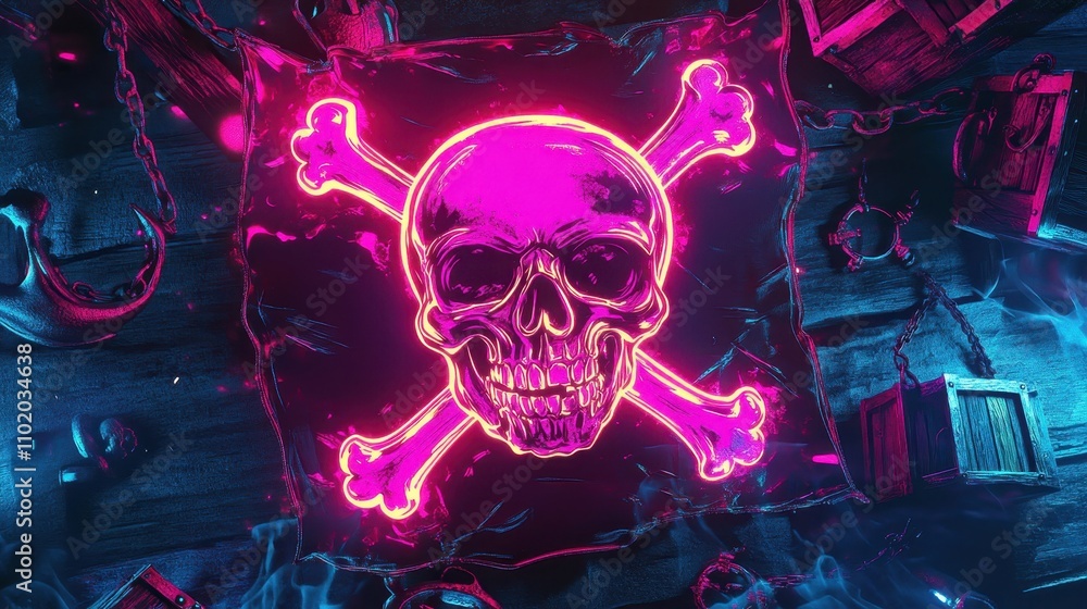 Bold pirate flag glowing with neon symbols and scattered comic anchors Bold pirate flag glowing with neon symbols and scattered comic anchors